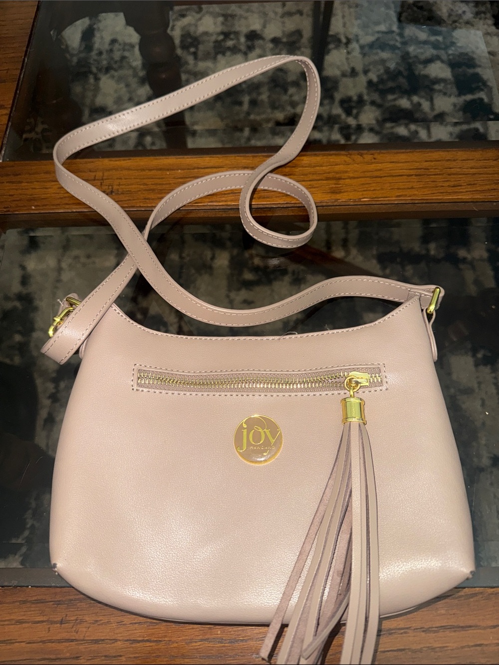 Joy Mangano Toupe Crossbody Bag with Tassel and Gold Accents
